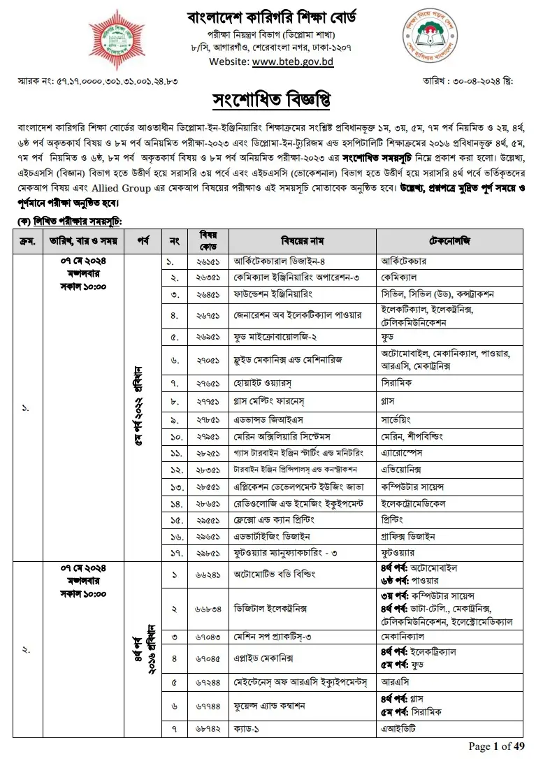 BTEB Published Revised Routine 2024