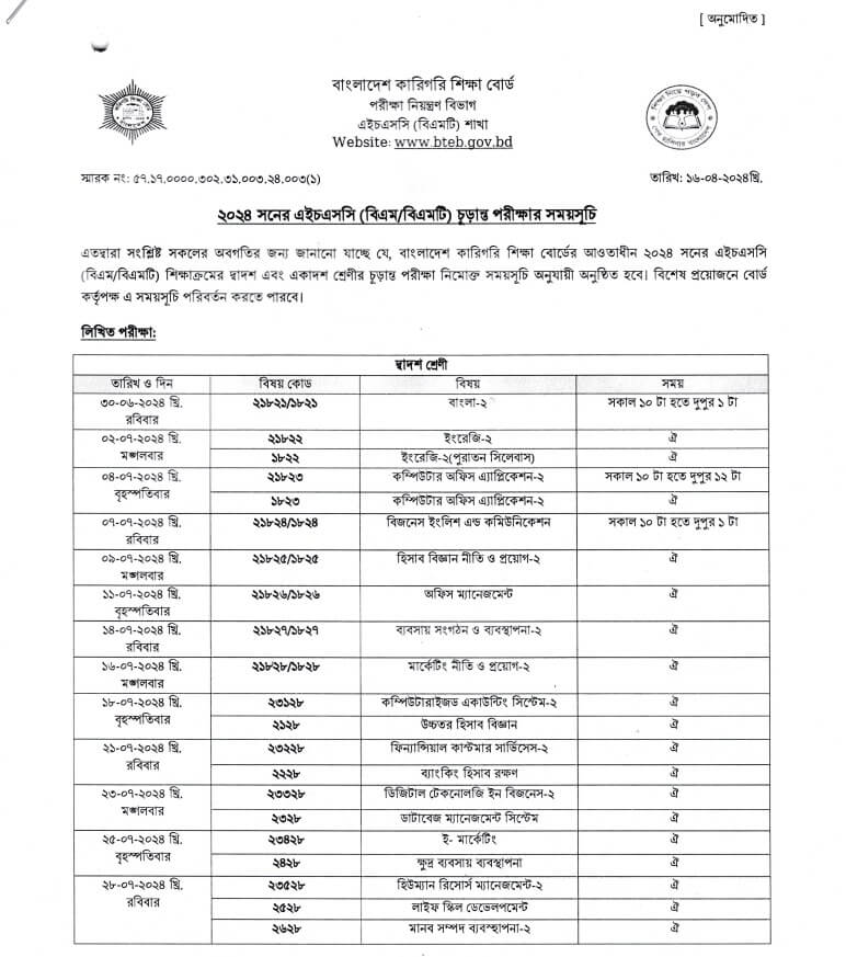 HSC BMT Routine 2024 1st Year